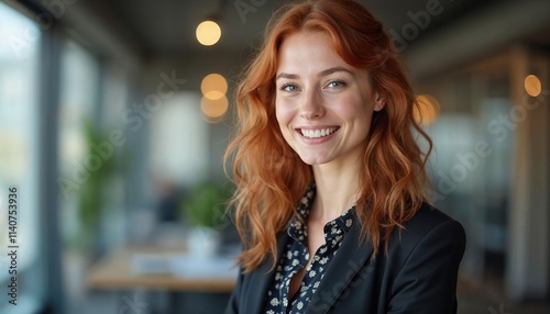 Cheerful red haird female economist develops financial startup project, poses in office interior, works in business sphere, dressed in formal clothes, has happy expression photo