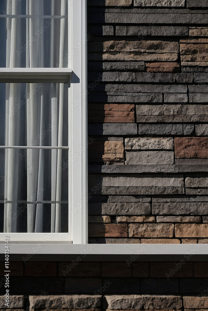 Obraz premium White-Framed Window and Stone Brick Wall