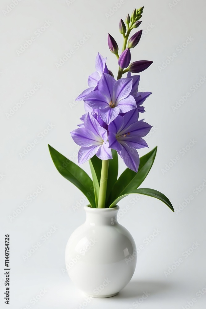 Obraz premium Delphinium flower in a vase on a white background, blooming, floral arrangement