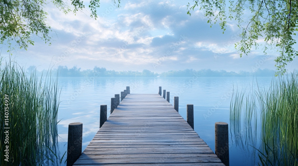 Fototapeta premium A serene wooden dock extends into the calm blue waters, surrounded by lush greenery and soft, reflective clouds in the sky.