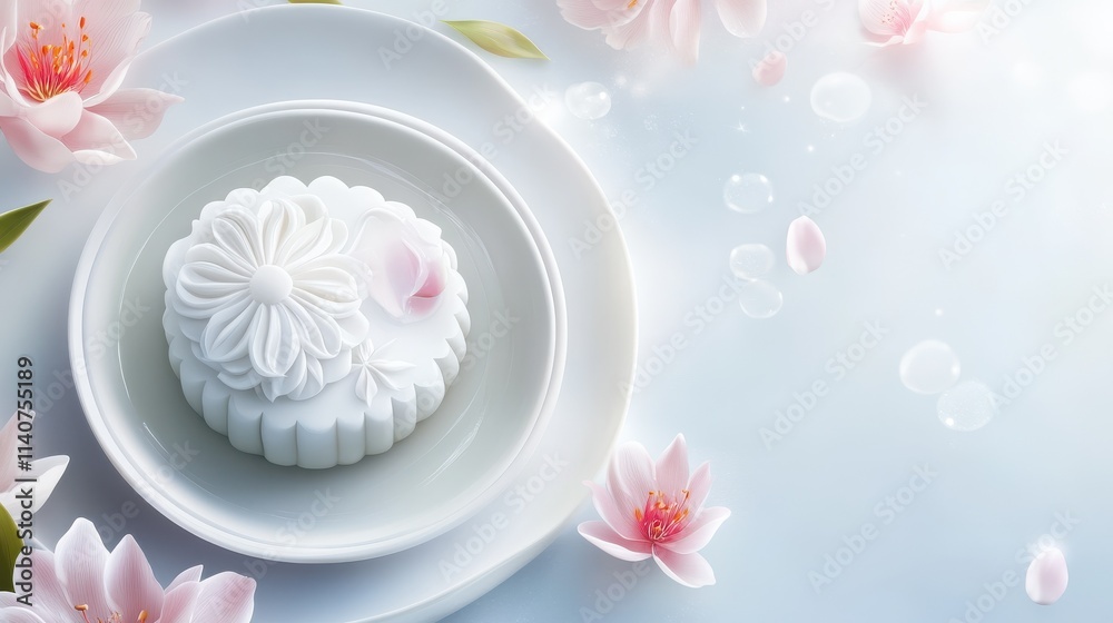 Moon cake dessert for good luck in festival chinese new year and respect the moon Chinese dessert in white dish Moon cake dessert for good luck in festival chinese new year and respect the moon Chinese dessert in white dish