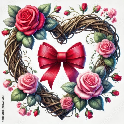 Rustic heart shaped Valentine wreath with red and pink English roses and chiffon bow photo