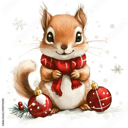 Winter squirrel with christmas decorations clipart illustration  photo