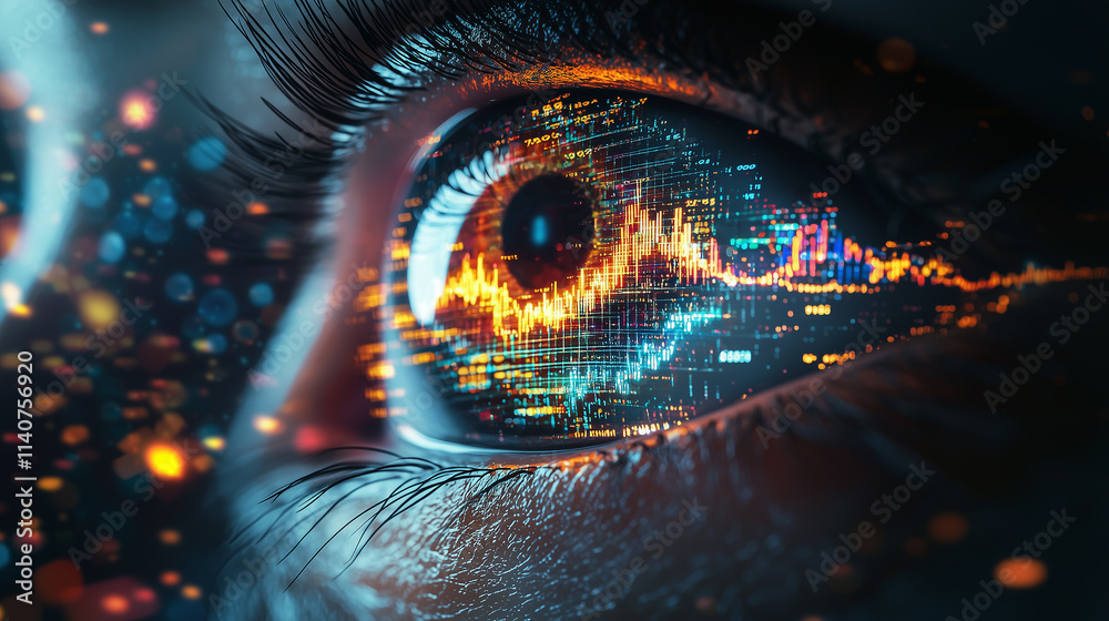 Eye with futuristic financial analytics Eye with futuristic financial analytics