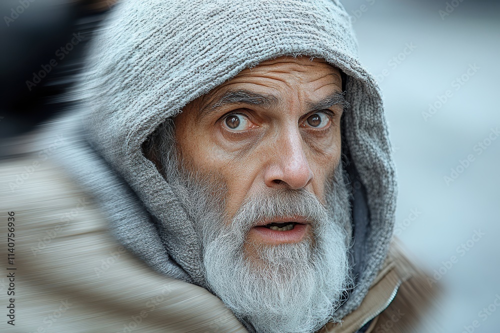 Dynamic portrait of a homeless person in motion, blending visual storytelling with realism. Dynamic portrait of a homeless person in motion, blending visual storytelling with realism.