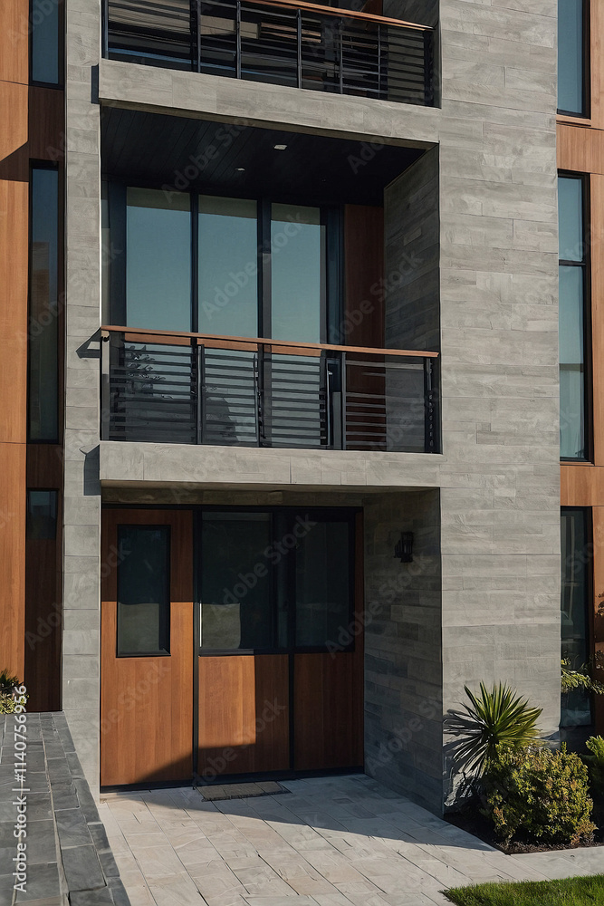 Modern building exterior showcasing concrete facade, wooden door, and metal balconies. Clean lines and neutral color palette dominate. Landscaping is minimal. Modern building exterior showcasing concrete facade, wooden door, and metal balconies. Clean lines and neutral color palette dominate. Landscaping is minimal.