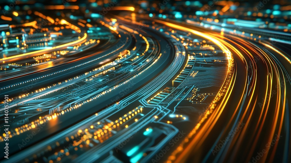 Futuristic abstract image of flowing data streams in vibrant blue and orange hues.