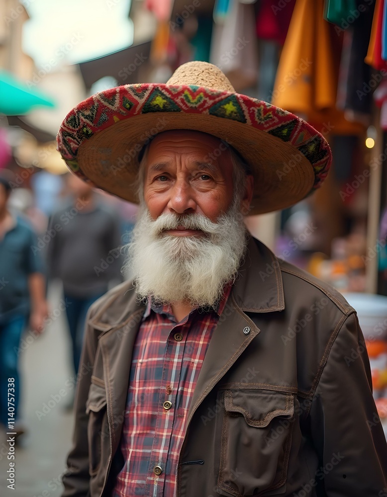 a portrait of mexican old man with colour hat on head