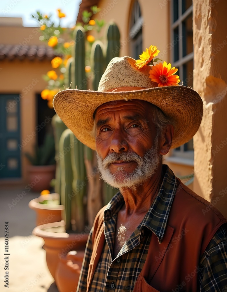 a portrait of mexican old man with colour hat on head