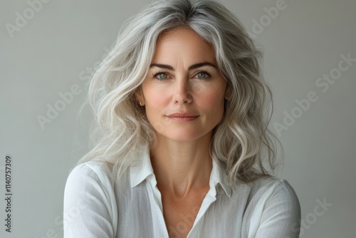 Eco-conscious branding photo of a middle-aged businesswoman, styled in minimalist sustainable corporate wear.