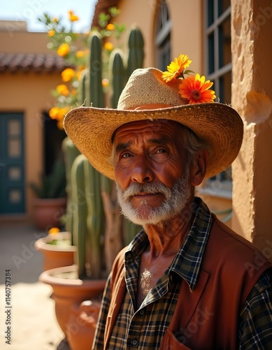 Obraz na płótnie a portrait of mexican old man with colour hat on head w salonie