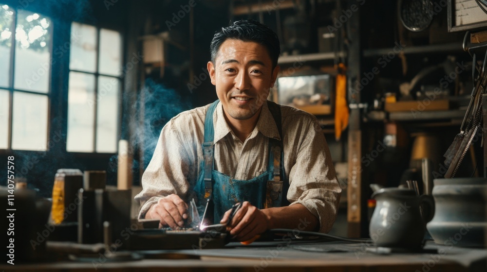 Skilled Craftsman at Work in Rustic Workshop Skilled Craftsman at Work in Rustic Workshop