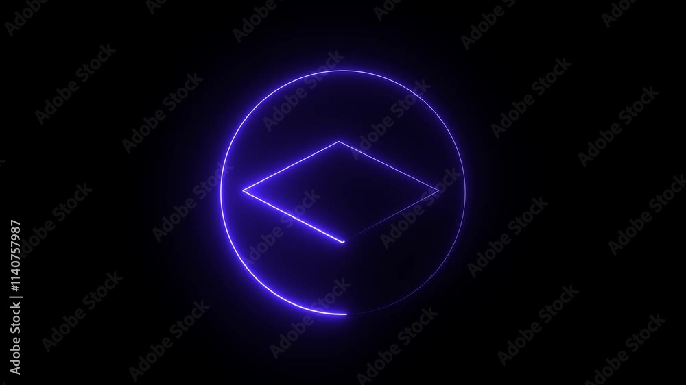 Neon map layers icon blue color glowing animation black background. Neon dial shape icon glowing black background animation