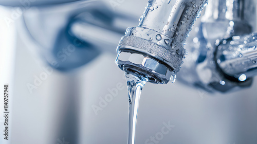 Water dripping from faucet. Water leaking from the tap, faucet. Water leaking from a plumbing water pipe