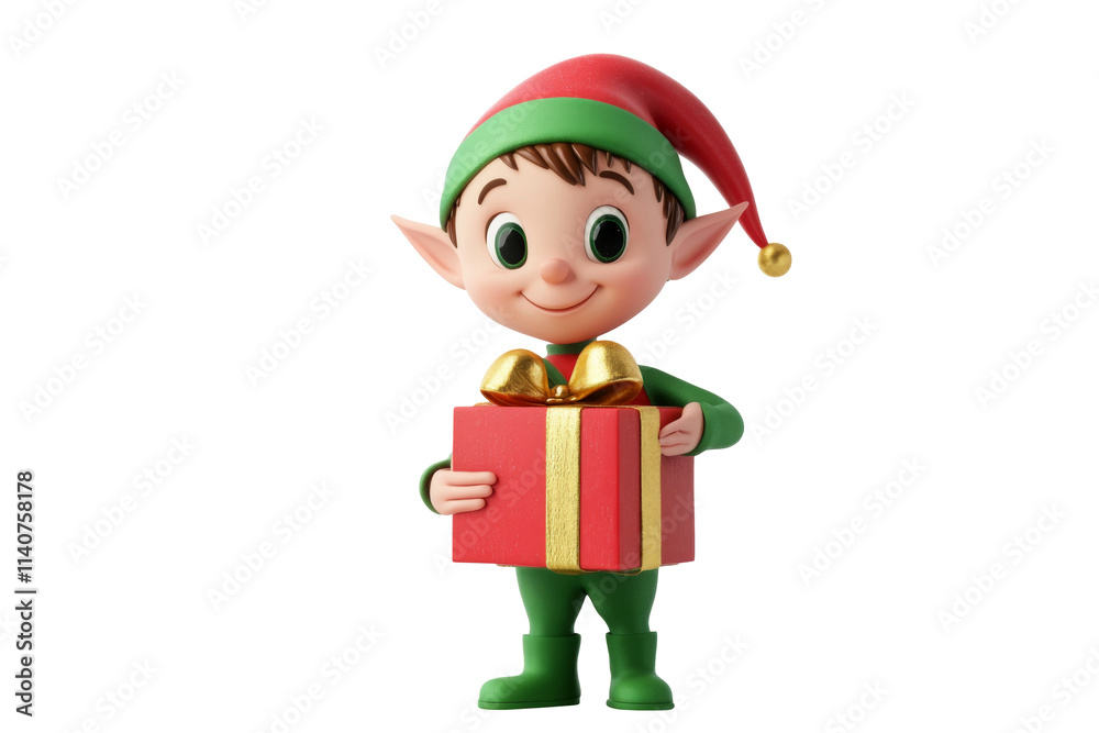 3D Christmas elf holding a gift box with golden ribbon, festive green and red attire isolated on transparent png background.