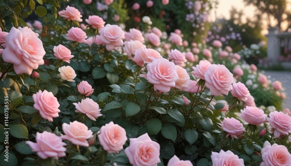 Elegant rose garden at dusk with soft pastel colors and a few scattered pearls among the blooms, serene, roses Elegant rose garden at dusk with soft pastel colors and a few scattered pearls among the blooms, serene, roses