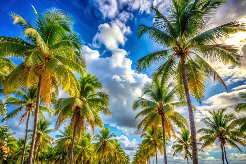 Tropical Paradise: Stunning Palm Trees, Blue Sky, Clouds, Vacation Background, Nature Scene, Copy Space, Summer, Holiday, Travel Tropical Paradise: Stunning Palm Trees, Blue Sky, Clouds, Vacation Background, Nature Scene, Copy Space, Summer, Holiday, Travel