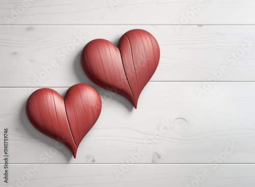 Two red wooden hearts, together on a wooden table. Concept Love.