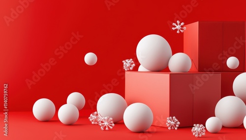 Festive seamless design of holiday shipping boxes, glowing Santa ornaments, sweet candies, and molecule-inspired Christmas snowflakes photo