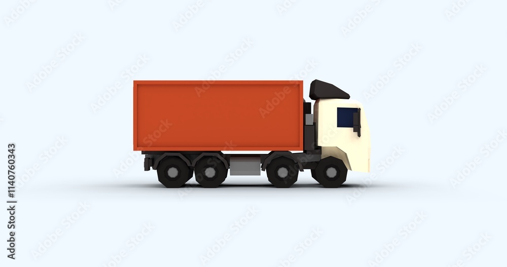 Stylized 3D render container cargo truck in low poly design with cartoon-like textures. Perfect logistics transportation and creative content visuals. Set against clean light background left view Stylized 3D render container cargo truck in low poly design with cartoon-like textures. Perfect logistics transportation and creative content visuals. Set against clean light background left view