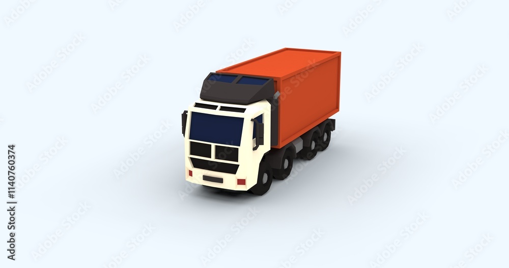 Fototapeta premium Stylized 3D render container cargo truck low poly design with cartoon-like textures. Perfect logistics transportation creative content visuals. Set against clean light background right front view