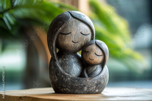 A beautiful wooden sculpture depicting a mother tenderly embracing her child. Perfect for home decor, family-themed gifts, or heartfelt Mother's Day celebrations.
