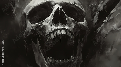 Menacing skull with large teeth and gaping maw, a glimpse into the dark macabre. Chasm. Illustration