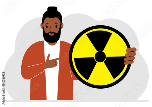 A man holds in his hand a large sign warning about radiation danger. Vector