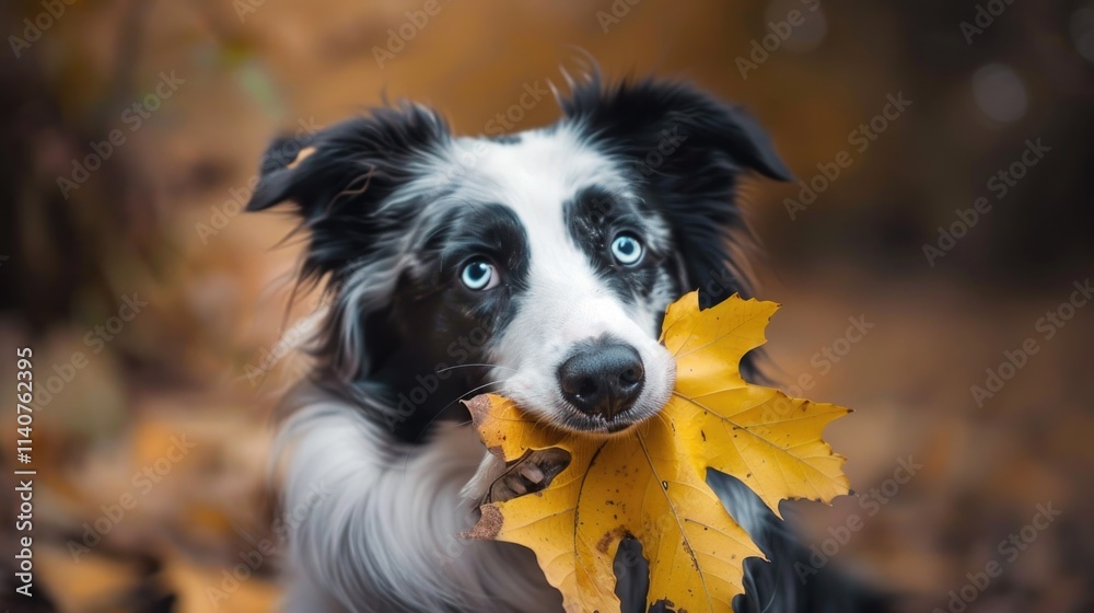 Dog Leaf. Portrait of Cute Border Collie Holding Autumn Yellow Leaf in its Mouth Dog Leaf. Portrait of Cute Border Collie Holding Autumn Yellow Leaf in its Mouth