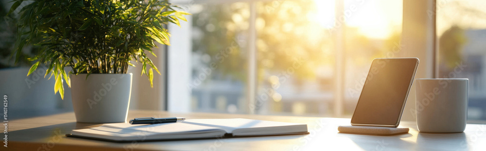 A clean desk setup featuring a notebook, pen, and smartphone, with a small plant in the background, bright natural light, uncluttered and professional A clean desk setup featuring a notebook, pen, and smartphone, with a small plant in the background, bright natural light, uncluttered and professional