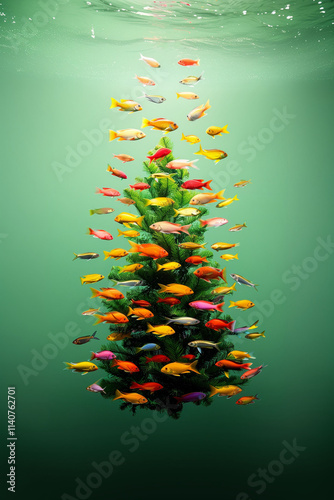 A Christmas tree floats in seawater surrounded by a school of colorful fish. Creative outside xmas concept.