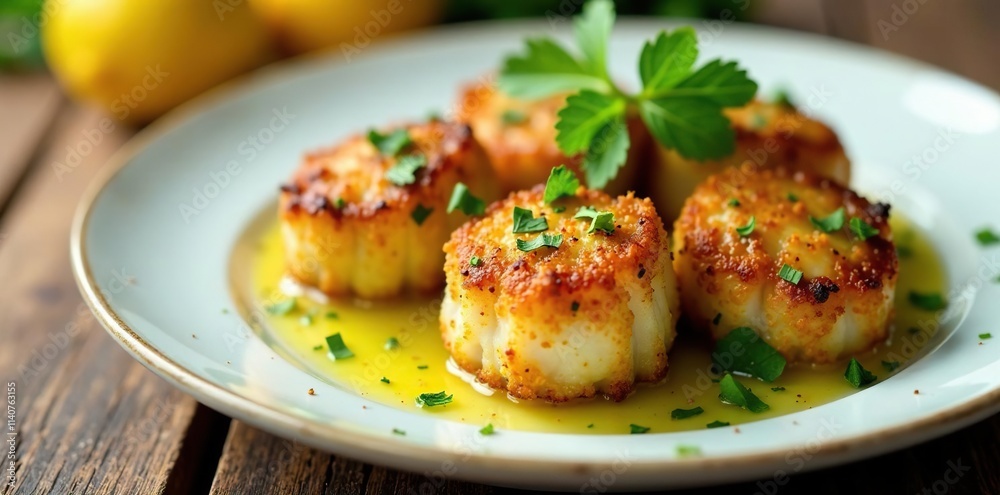 Deep-fried scallops served with lemon-dill sauce and mixed greens, scallops, dill, presentation