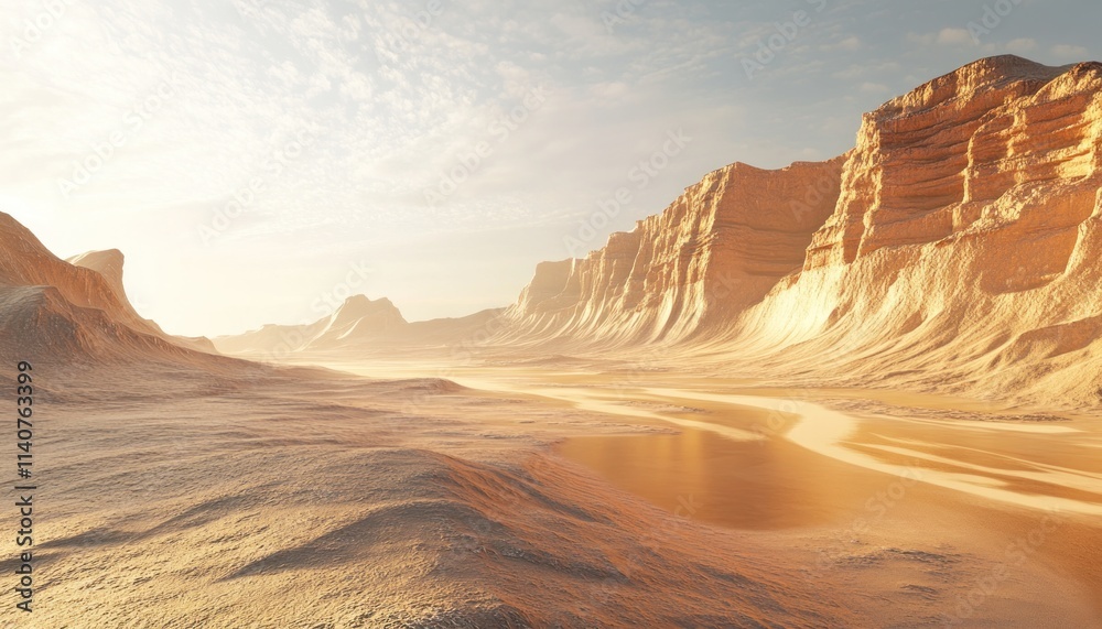 Naklejka premium A Desolate Desert Landscape with Sand Dunes and Cliffs Under a Cloudy Sky