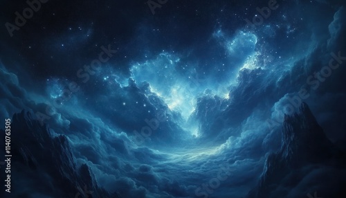 Starry Night Sky Above Majestic Mountains and Clouds