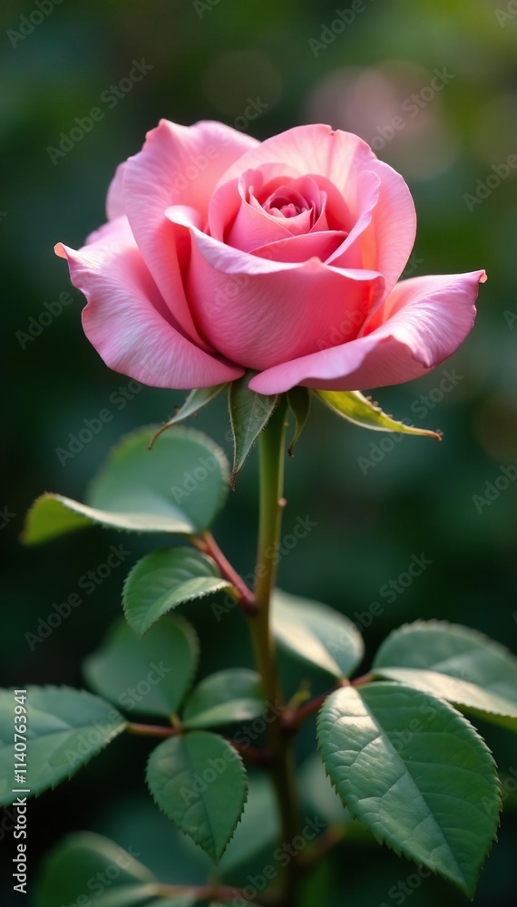 Delicate petals unfurl on the stem, revealing elegant pink roses, greenery, floral, garden Delicate petals unfurl on the stem, revealing elegant pink roses, greenery, floral, garden