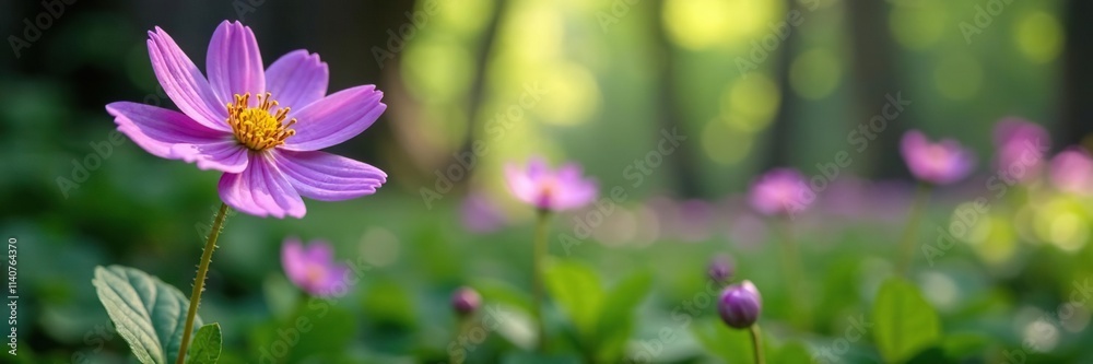 Delicate purple flowers of Doronicum orientale Leopard s Bane bloom in a forest spring, flora, nature, woodland flowers Delicate purple flowers of Doronicum orientale Leopard s Bane bloom in a forest spring, flora, nature, woodland flowers