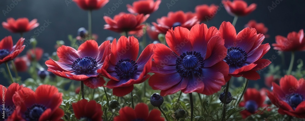 Fototapeta premium Delicate, velvety crimson petals surrounding a central steely blue area of the anemone flower, colors, beauty