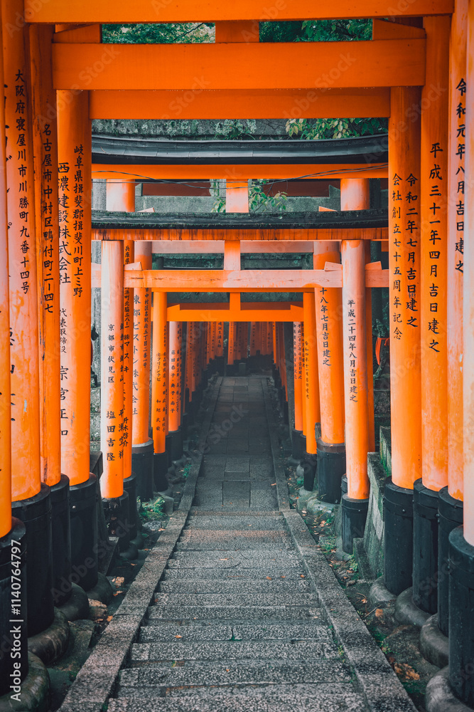 The torii gate covered walking path at Fushimi Inari Taisha temple in Kyoto, Japan. ( Japanese inscriptions translated are different religion blessings) The torii gate covered walking path at Fushimi Inari Taisha temple in Kyoto, Japan. ( Japanese inscriptions translated are different religion blessings)