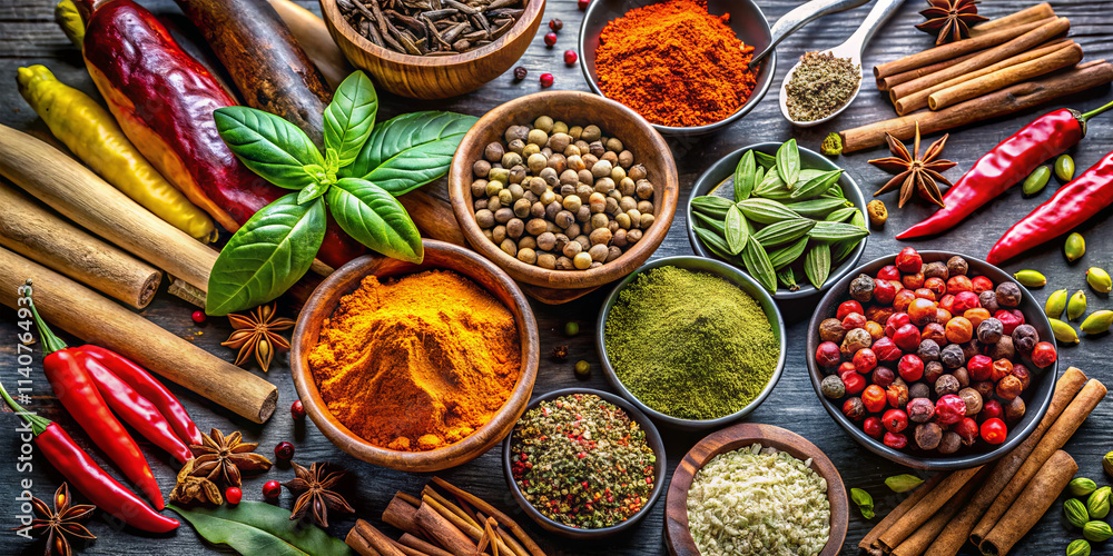 Fototapeta premium Various spices are displayed in bowls on a wooden surface, including vibrant powders and whole ingredients. Fresh herbs and chili peppers add to the visual appeal and culinary diversity