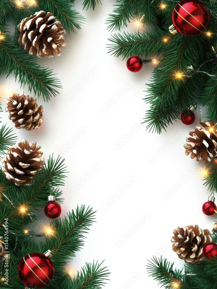 Christmas border. Holiday garland isolated on background. Christmas tree branches, lights and cones. Festive banner design Christmas border. Holiday garland isolated on background. Christmas tree branches, lights and cones. Festive banner design