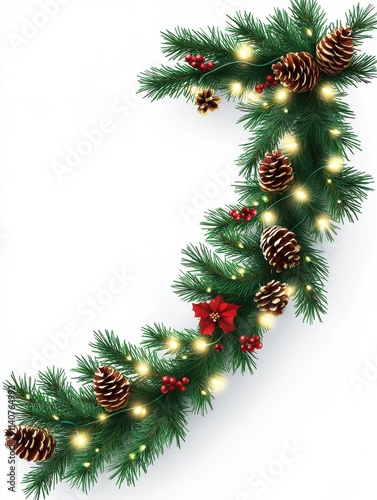 Christmas border. Holiday garland isolated on background. Christmas tree branches, lights and cones. Festive banner design