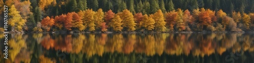 Dense thicket of deciduous trees in foreground reflecting off calm surface of autumn-colored Toketee Lake near Umpqua National Forest, tree branches, deciduous trees, Oregon landscape