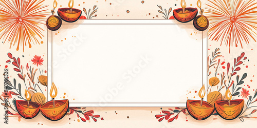 A blank white poster frame with a candid Diwali theme, decorated with cheerful elements like small hand-drawn diyas, playful patterns of colorful rangolis, and happy fireworks  photo