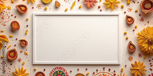 A blank white poster frame with a candid Diwali theme, decorated with cheerful elements like small hand-drawn diyas, playful patterns of colorful rangolis, and happy fireworks  photo