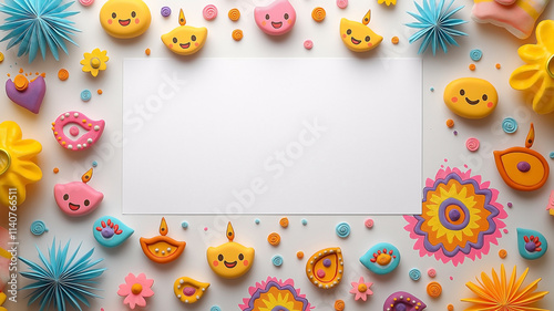 A blank white poster framed by cute and colorful Diwali elements, featuring tiny, smiling diyas, adorable rangoli patterns in vibrant colors, and playful fireworks.  photo