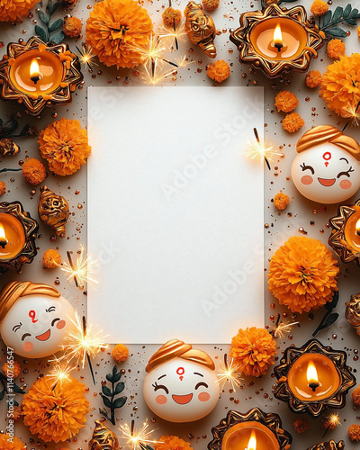 A blank white poster surrounded by cute Diwali-themed elements, including chibi-style diyas, small hand-drawn sparklers, and mini marigold flowers with happy expressions. photo