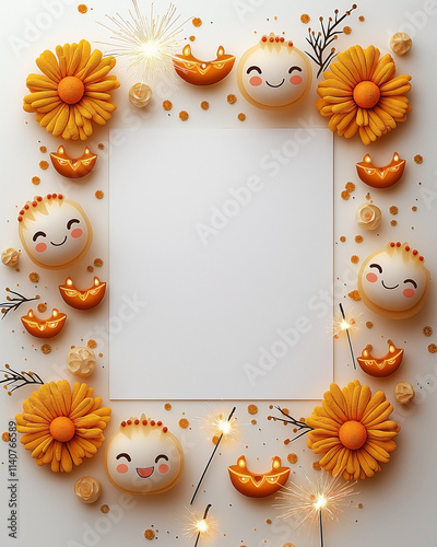 A blank white poster surrounded by cute Diwali-themed elements, including chibi-style diyas, small hand-drawn sparklers, and mini marigold flowers with happy expressions. photo