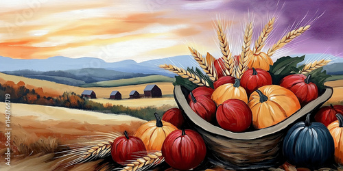 An acrylic painting of a Thanksgiving harvest showcasing a cornucopia overflowing with pumpkins, squash, apples, and wheat. photo