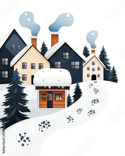 A charming winter village scene with a small local shop nestled between snow-covered houses. includes footprints in the snow, scattered pine trees, and chimneys emitting soft smoke.  photo