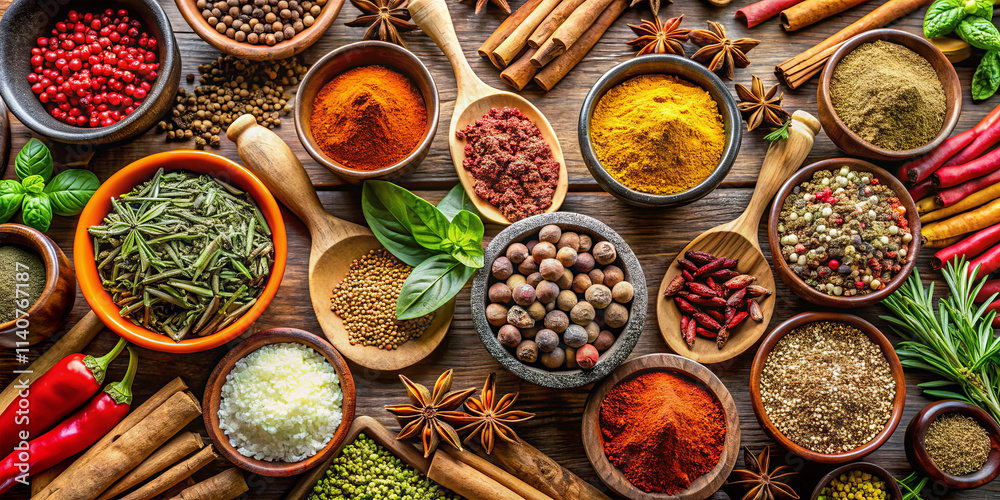 A vibrant display of various spices and herbs is artistically arranged on a wooden table A vibrant display of various spices and herbs is artistically arranged on a wooden table